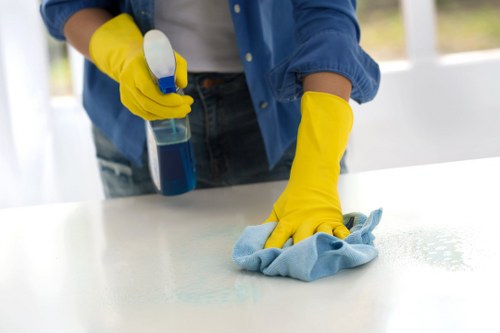 Cleaner reviewing product safety labels and using protective gloves