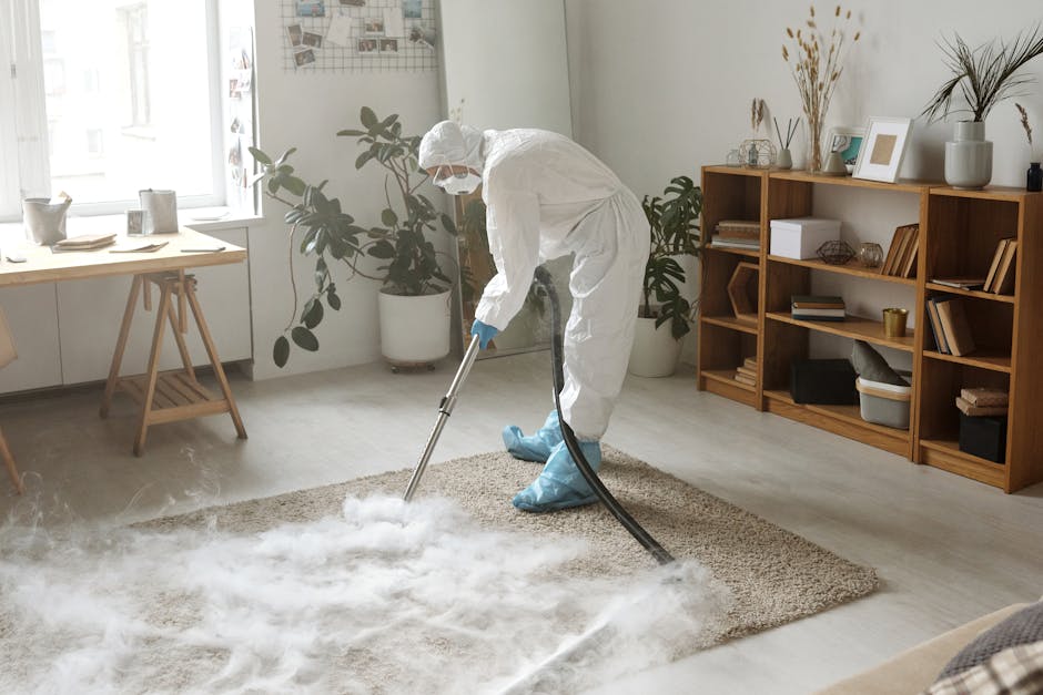 A young boy is vacuuming the beige carpeted floor of a living room with a handheld vacuum cleaner, while an older man with gray hair, wearing a light gray sweater and dark gray pants, is lying on a cr